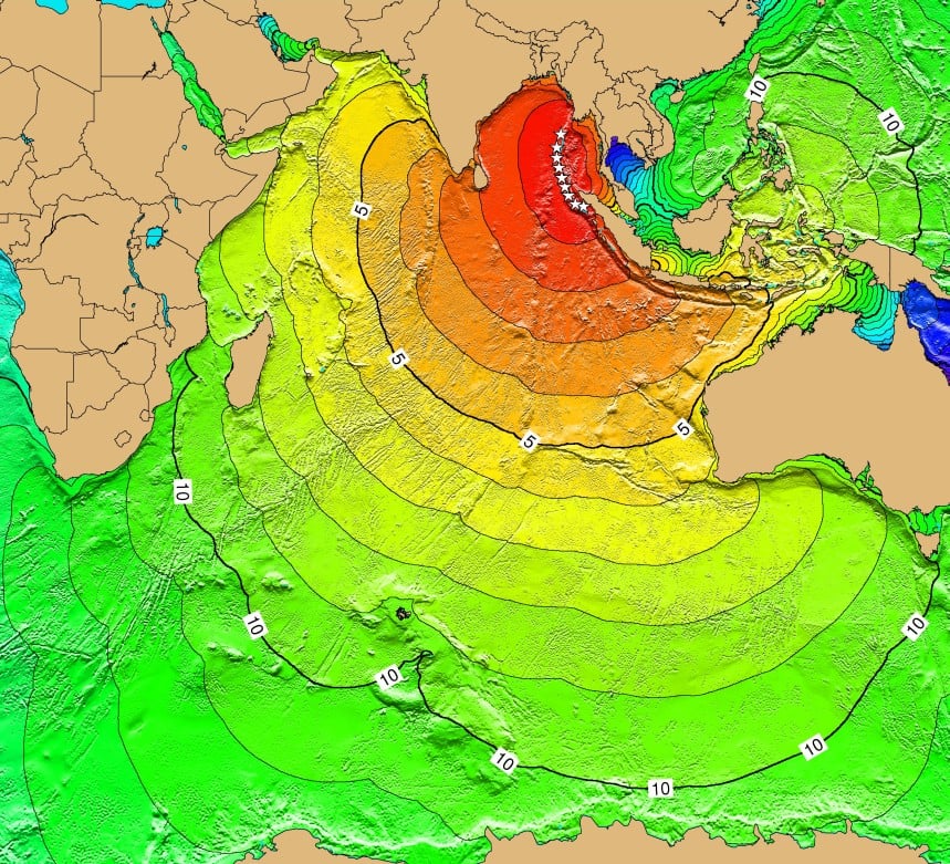 Colour-coded Indian Ocean map showing tsunami travel times in hours, with red near Sumatra and concentric yellow to green bands reaching Africa and Australia