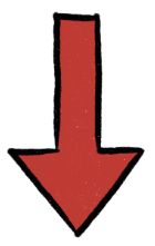 Simple hand-drawn red arrow outlined in black, pointing straight down on a plain white background
