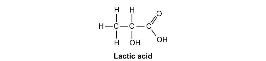 Structural formula of lactic acid showing three carbon chain with hydroxyl and carboxylic acid groups, labelled “Lactic acid” underneath