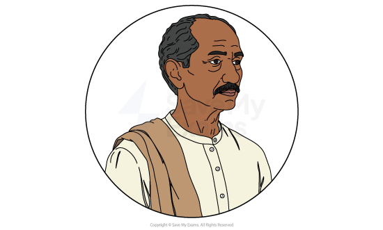 Image of Ram Lal from Fire on the Mountain: he is an older Indian man with greying hair and moustache, wearing a cream kurta and brown shawl, looking to the side in a circular frame.
