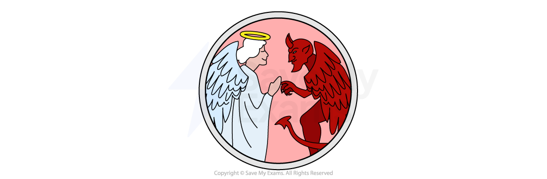 Cartoon of a white-robed angel and a red devil facing each other in a circle, suggesting a contrast between good and evil moral forces