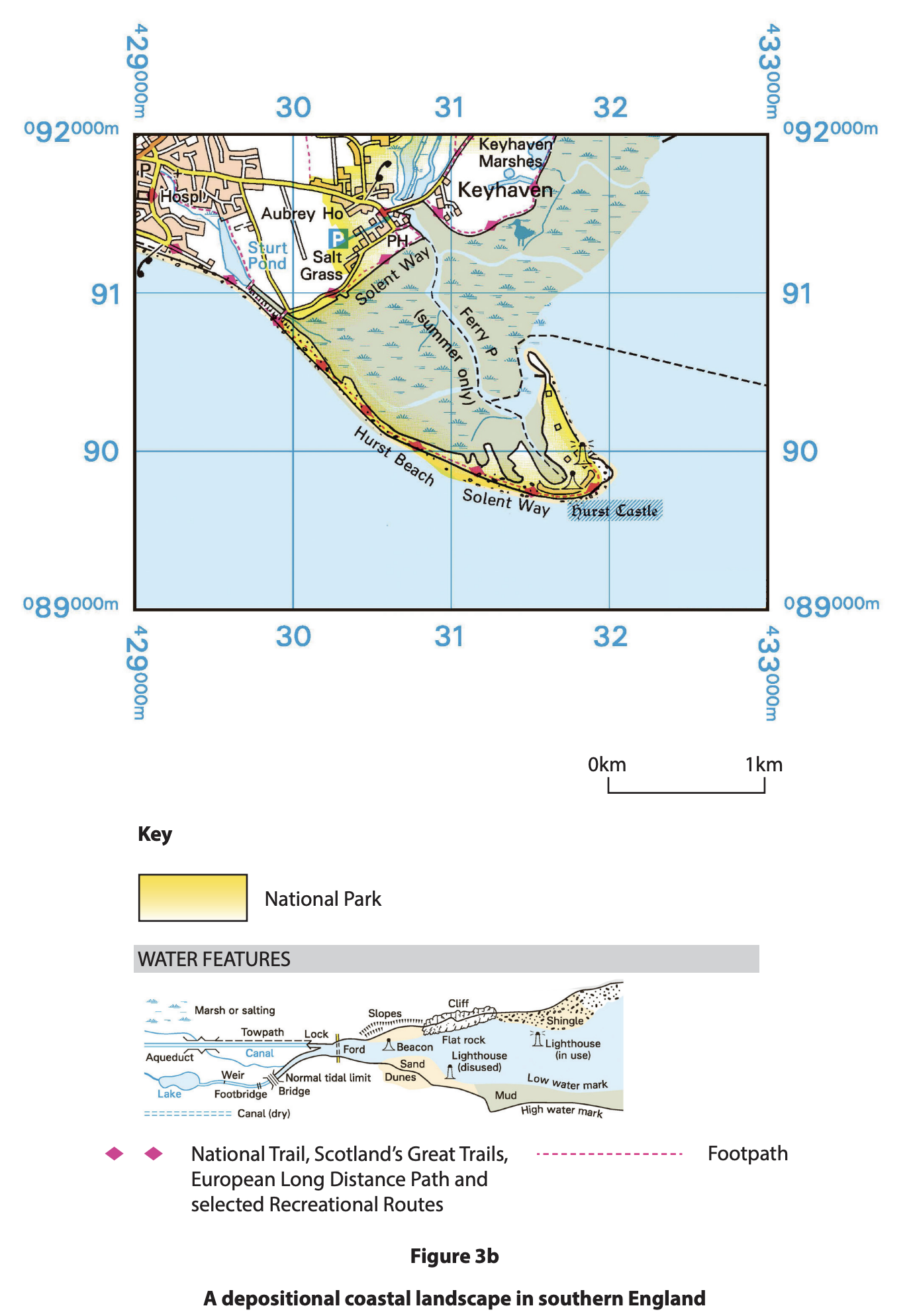 Topographic map of Keyhaven and Hurst Beach, southern England, showing coastal paths, marshes, ferry route, Hurst Castle and legend for trails and water features