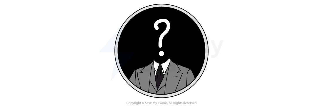 Symbol for Identity and self: Illustration of a faceless person in a grey suit on a black circle, with a large white question mark in place of the head.