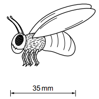 Line drawing of a flying insect with wings, antennae and six legs, with a horizontal measurement label underneath showing its length as 35 mm