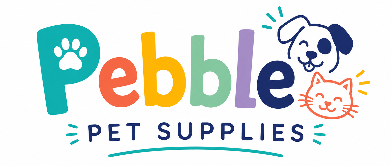 Pebble Pet Supplies logo with colourful letters, a paw in the P, and smiling cartoon dog and cat faces above playful decorative lines