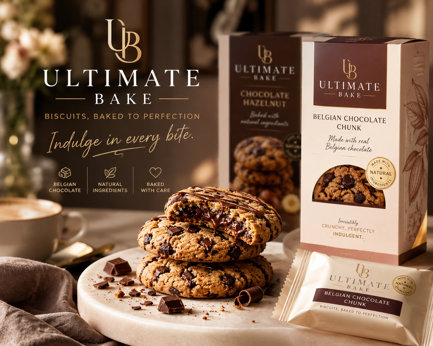A TV advert still showing luxury 'Ultimate Bake' branded biscuits, displayed individually and in packaging