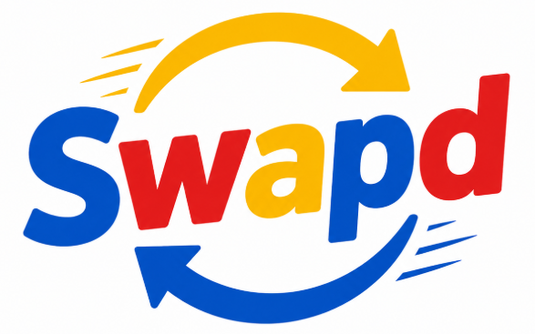 Swapd logo with bold blue, red and yellow lettering, surrounded by two curved arrows forming a circular motion to suggest exchange or swapping