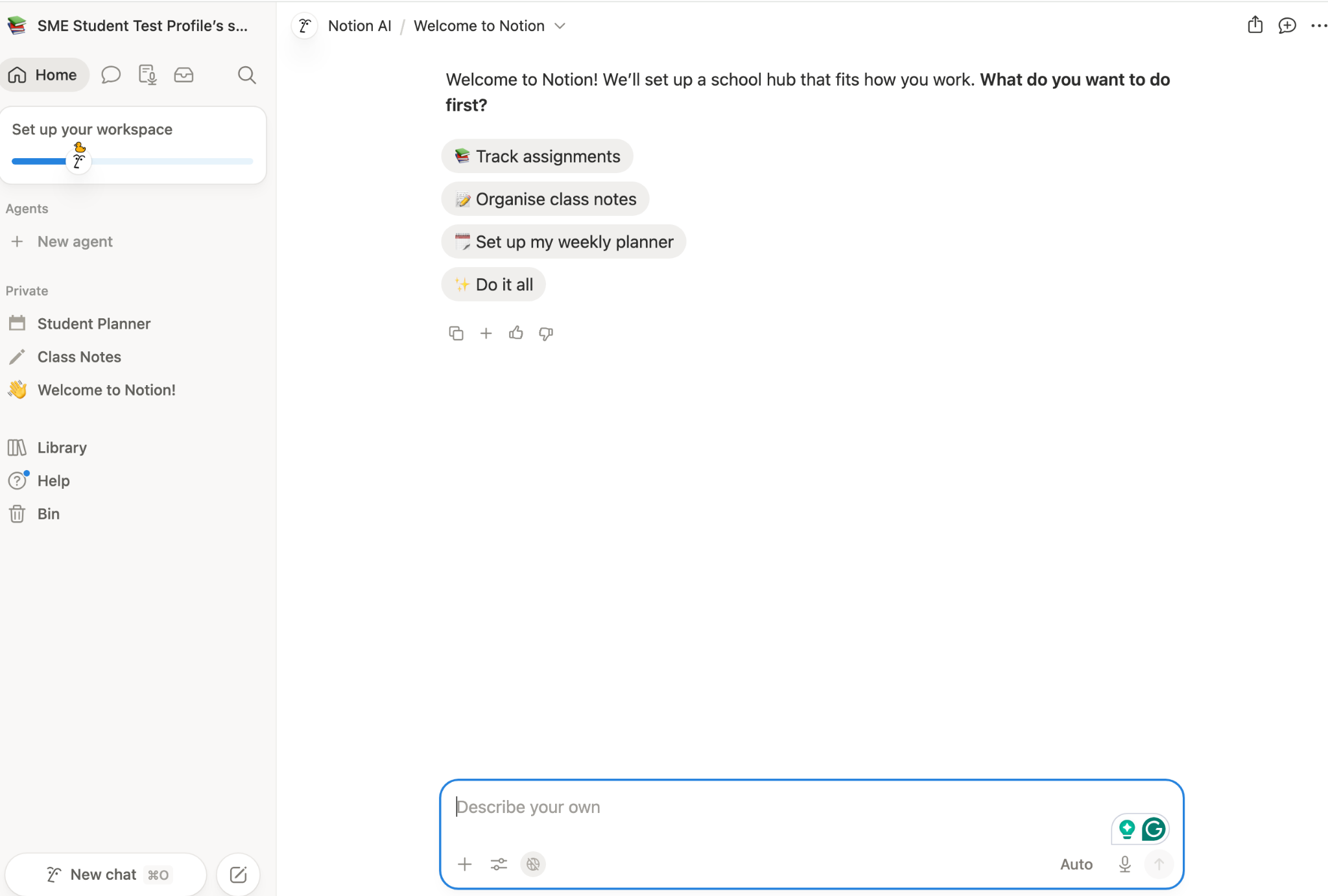 Notion desktop interface showing a student workspace setup screen with options to track assignments, organise class notes, plan weekly, or do it all