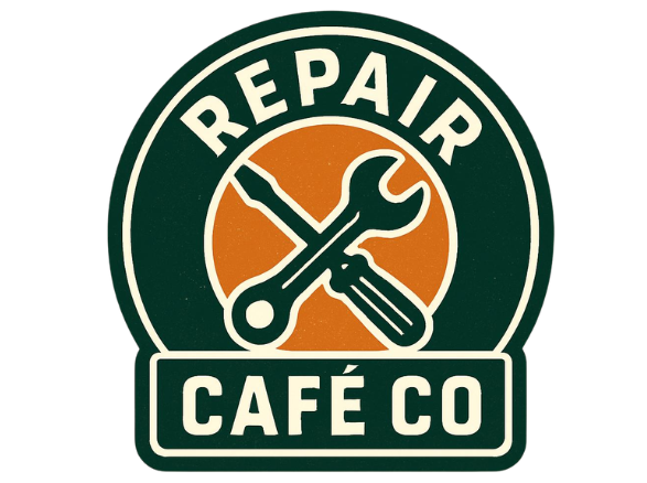 Repair Café Co logo with a spanner and screwdriver crossed on an orange circle, surrounded by dark green and cream text and border