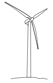 Simple line drawing of a single wind turbine with three blades on a tall tower, standing on a gently curved ground line