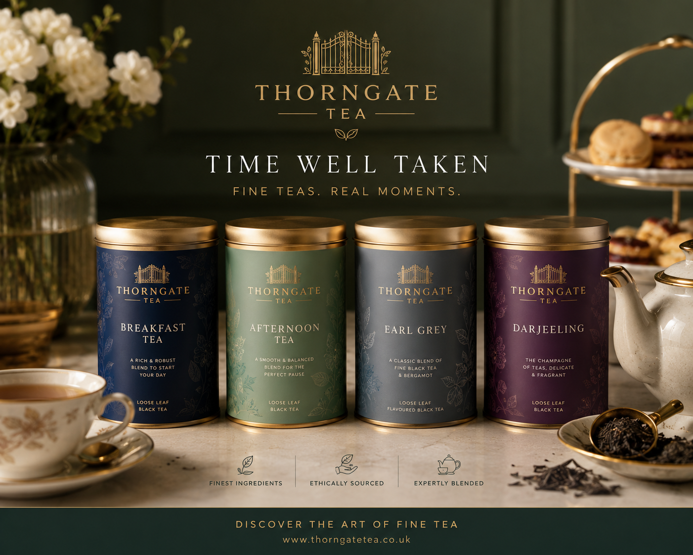 A range of premium tea in tins, arranged on a table with afternoon tea accompaniments including cakes and flowers