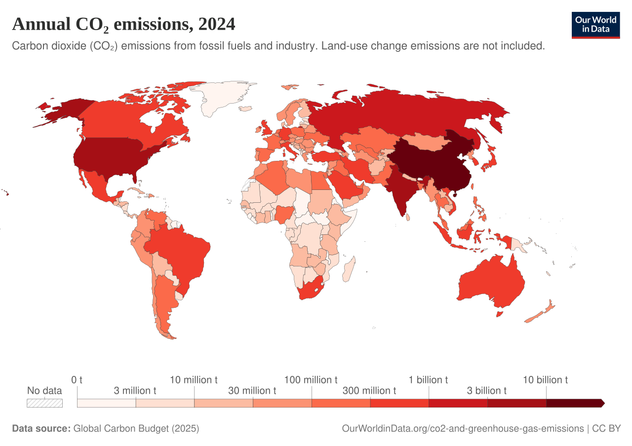 World map showing 2024 annual CO₂ emissions by country in red shades; China, the United States and India are the darkest, indicating the highest emissions.