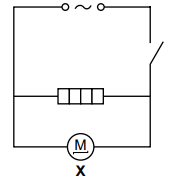 Simple electrical circuit diagram with AC supply, switch, four resistors in series, and a motor labelled M at the bottom marked position X