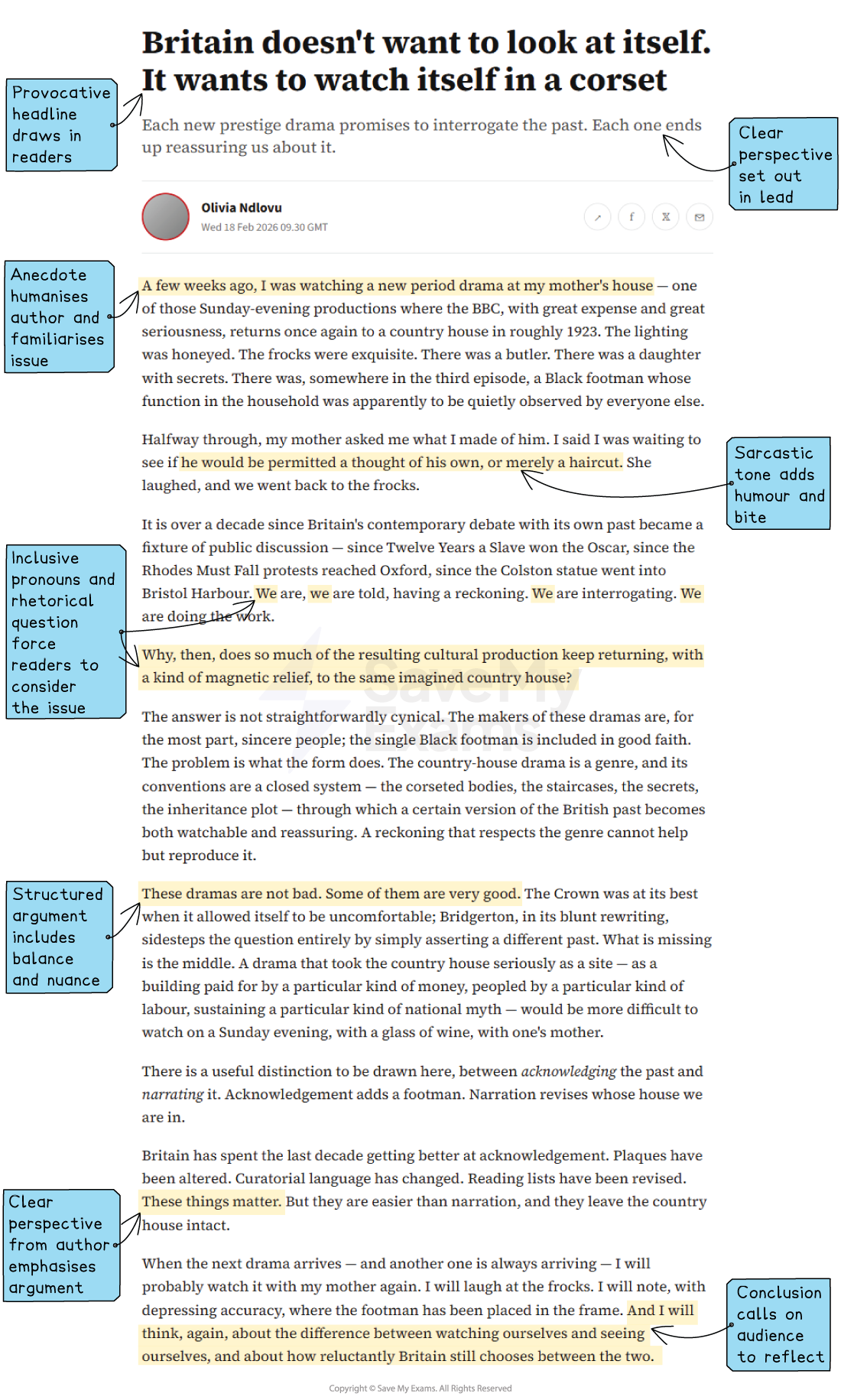 Annotated article screenshot analysing a commentary on British period dramas, with highlighted phrases and notes on tone, argument structure and author’s perspective.