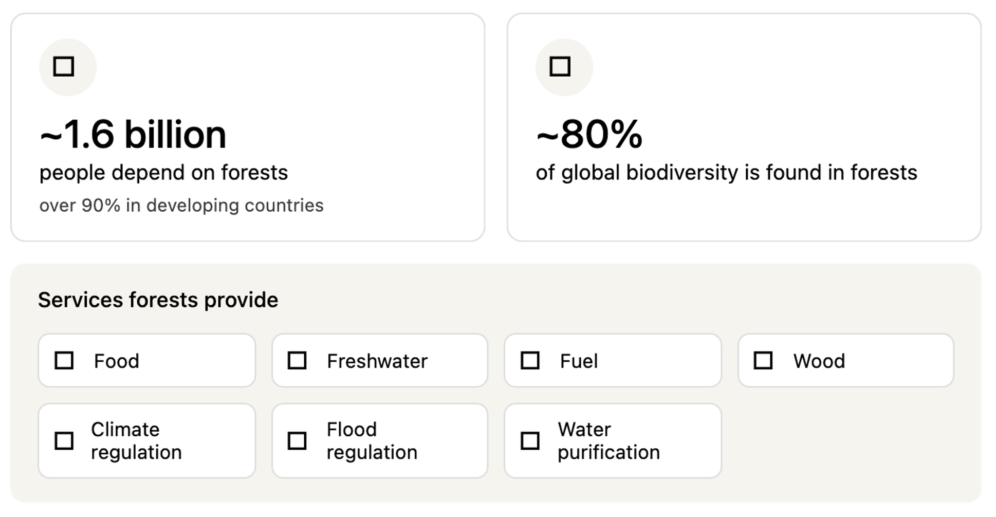 Infographic on forests: 1.6 billion people depend on them, 80% of biodiversity lives in them; lists services like food, fuel, wood, water and climate regulation