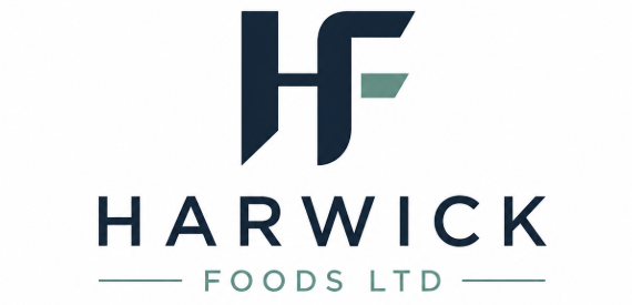 Harwick Foods Ltd logo featuring stylised dark blue letters HF with a green accent bar, company name below in clean sans serif text