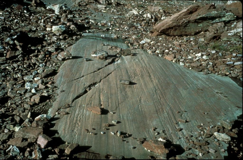 Rocky ground with a large, smooth glaciated bedrock surface showing parallel lines, surrounded by scattered angular stones and boulders.