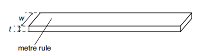 Diagram of a rectangular metre rule shown in 3D, with its small end labelled width w and thickness t for measurement.