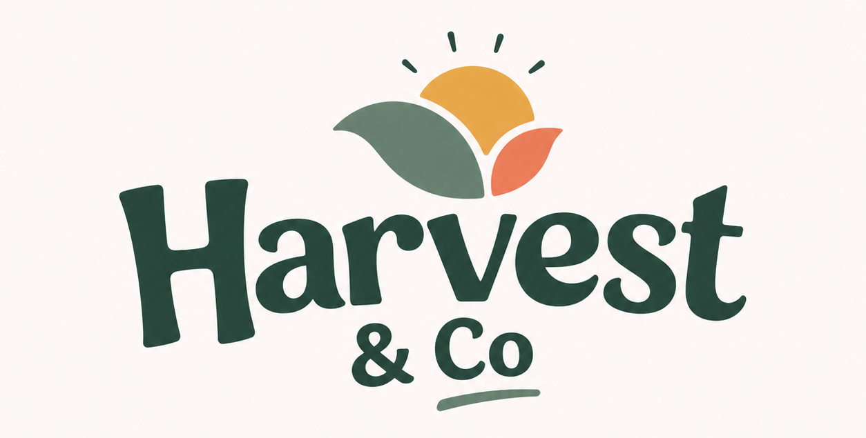 Harvest & Co logo with dark green text and a stylised sun rising over leaf shapes in green and orange above, on a light cream background