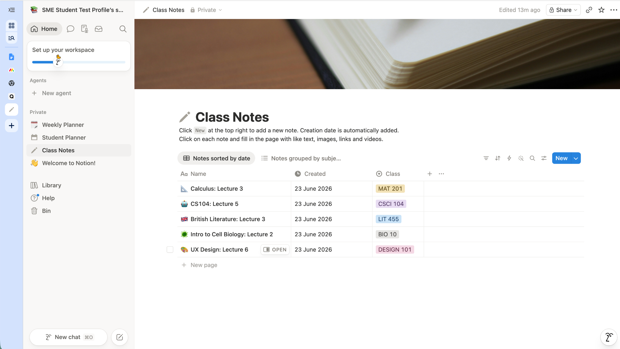 Notion workspace screen showing a “Class Notes” database with dated lecture entries for multiple subjects and a sidebar of student planning pages