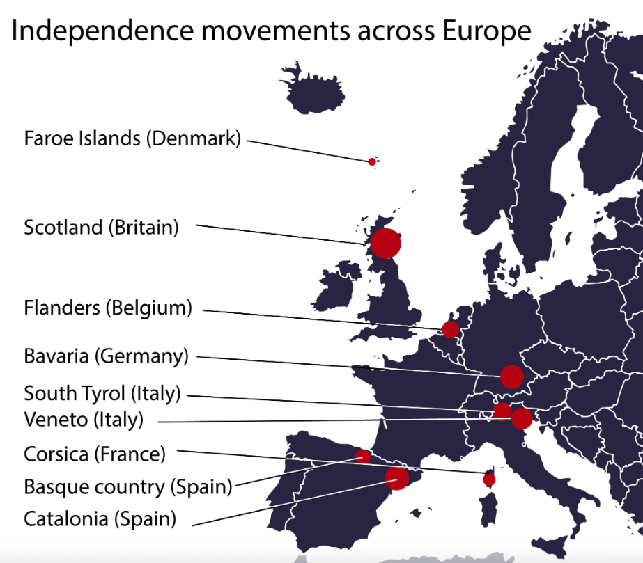 Map of Europe highlighting regions with independence movements, including Scotland, Catalonia, Basque Country, Corsica, Flanders, Bavaria and others