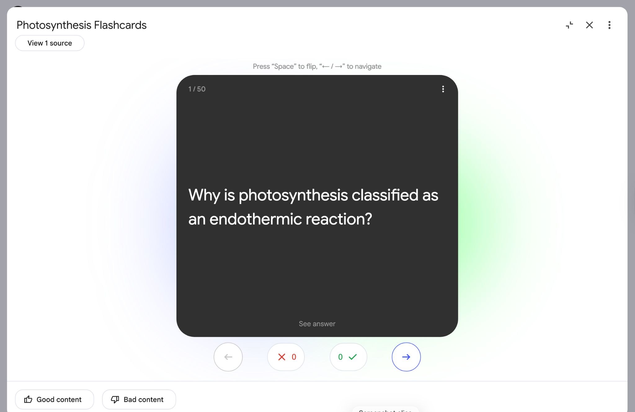 Online flashcard titled “Photosynthesis Flashcards” showing the question: “Why is photosynthesis classified as an endothermic reaction?”