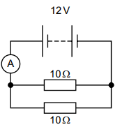 Circuit diagram with 12 V battery, ammeter in series, and two 10 Ω resistors connected in parallel between the battery terminals.