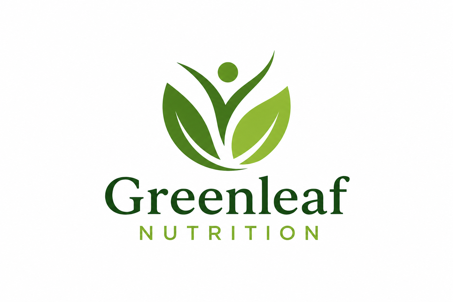 Greenleaf Nutrition logo with stylised green leaves forming a person icon above the brand name in dark and light green text on a white background