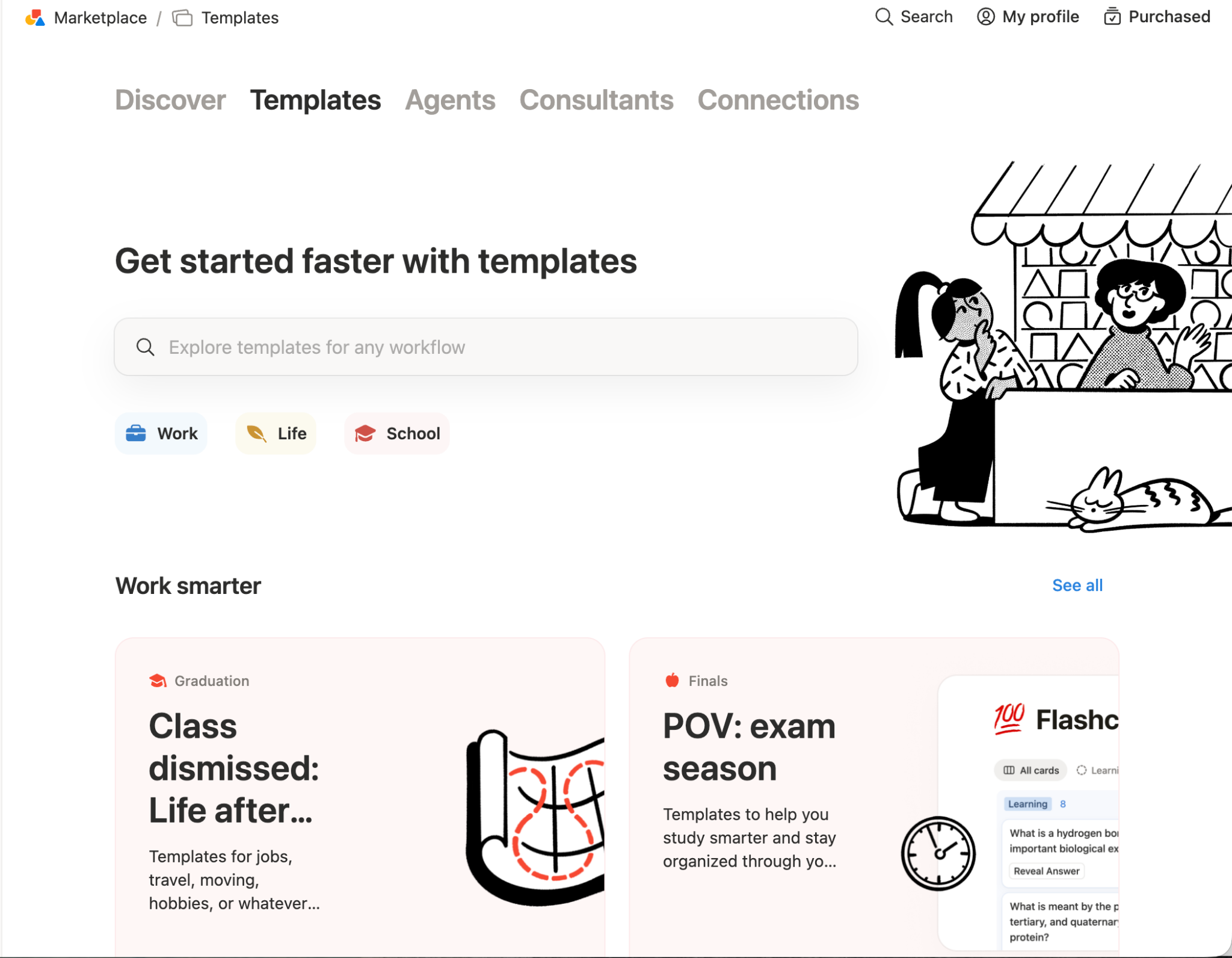 Web marketplace templates page with search bar, work/life/school filters, study-related template cards and an illustration of two people at a stall with a cat