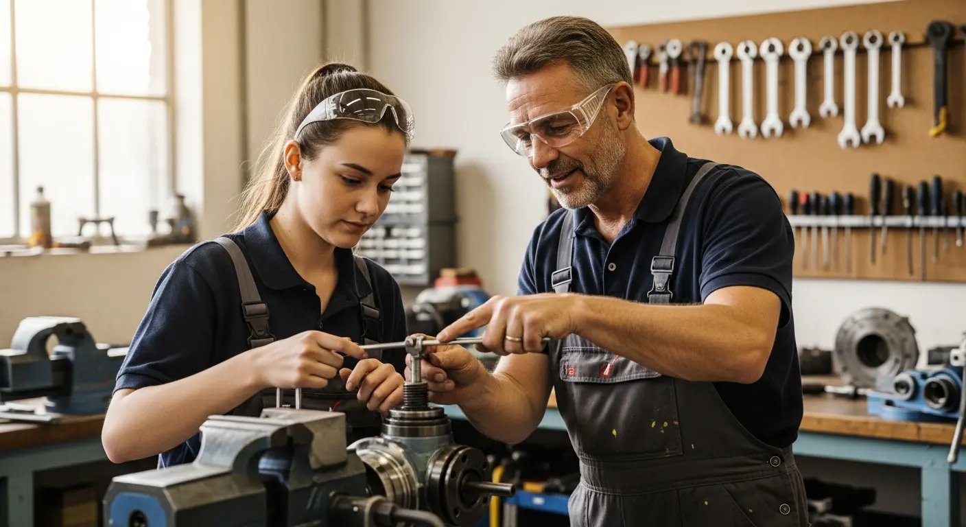 Engineer mentoring apprentice at a workbench, both in overalls and safety goggles, adjusting a metal part on a machine in a tool-filled workshop.