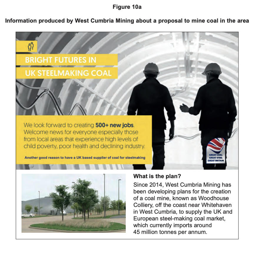 Promotional leaflet from West Cumbria Mining showing miners in a tunnel and text about creating 500+ jobs and plans for a new UK steelmaking coal mine