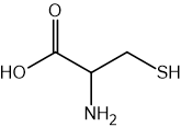Structural formula of cysteine showing three carbon atoms: the carboxyl carbon with a C=O double bond, the alpha-carbon bonded to four different groups, and the beta-carbon bonded to the thiol group