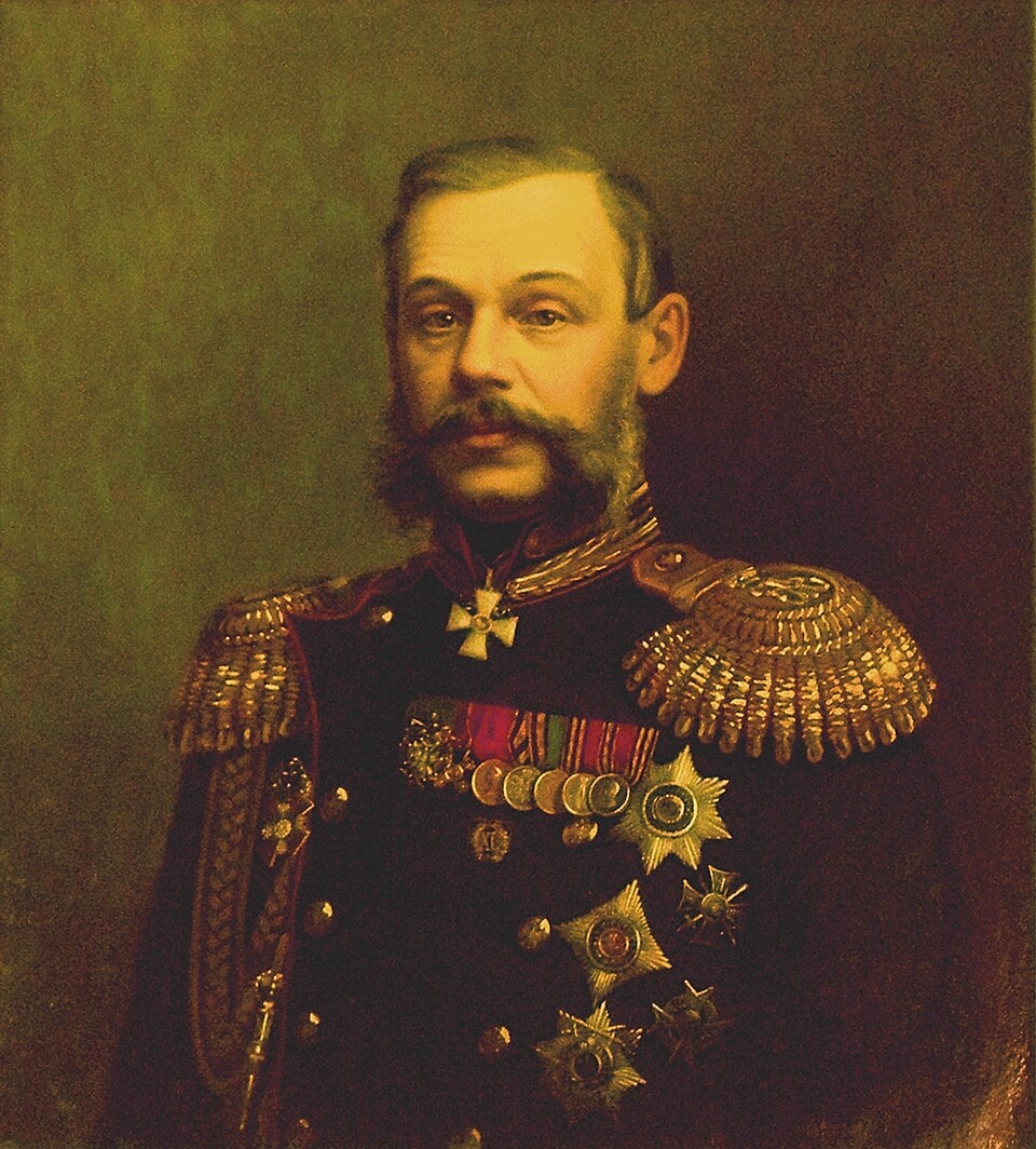 Oil portrait of a stern military officer in dark uniform with gold epaulettes, ornate cross and star medals, against a muted green background