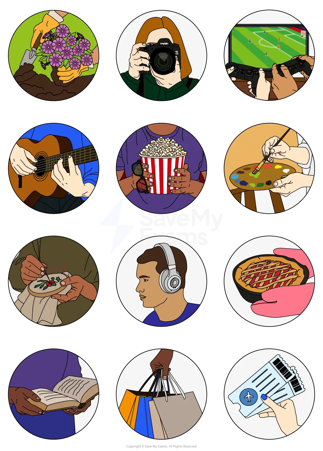 Illustrated grid of circular icons showing hobbies and leisure activities like gardening, photography, gaming, music, crafts, baking, reading, shopping, and travel.