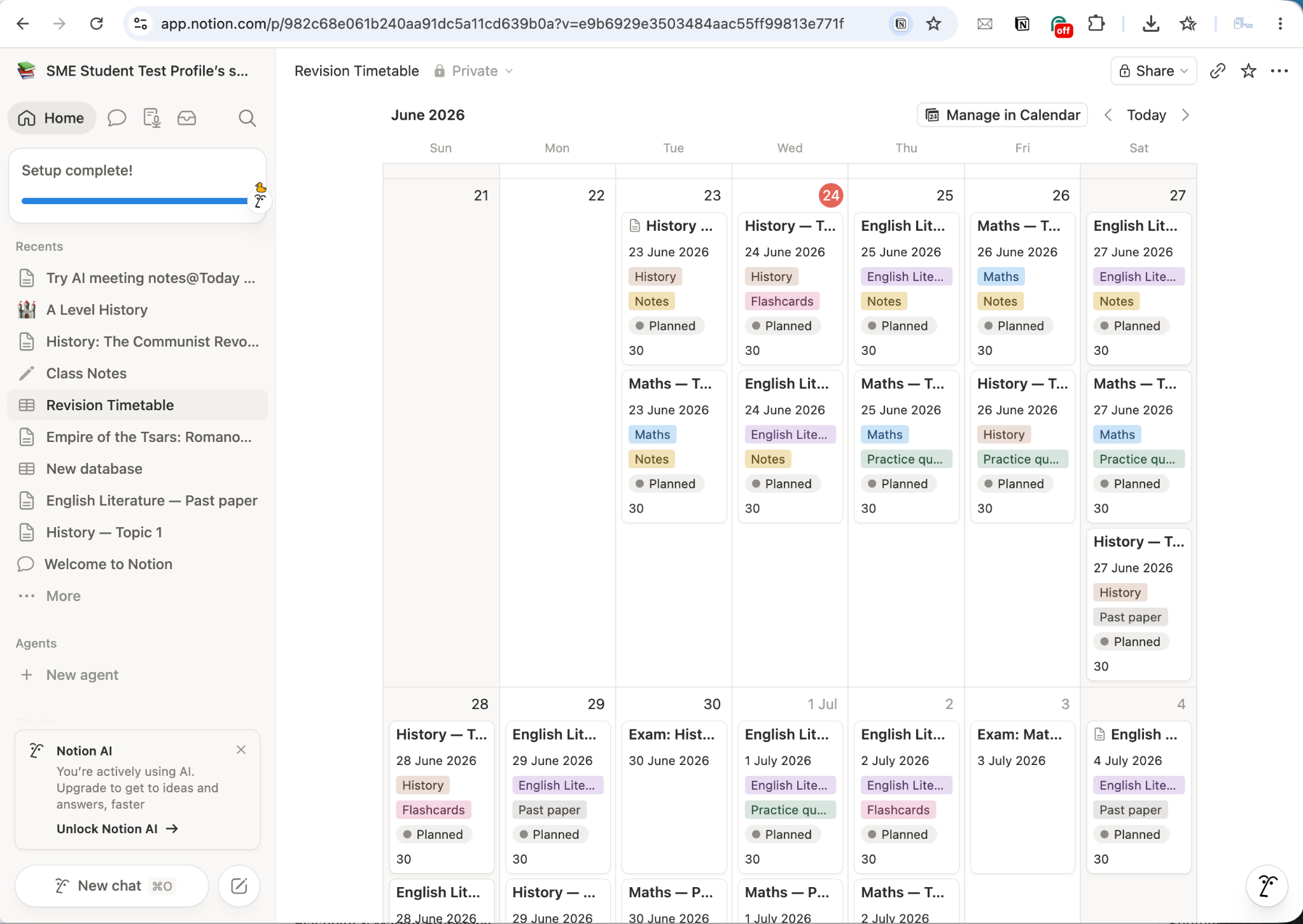 Notion study timetable for late June 2026, showing colour‑coded daily revision blocks for History, English Literature and Maths, each labelled with task type.
