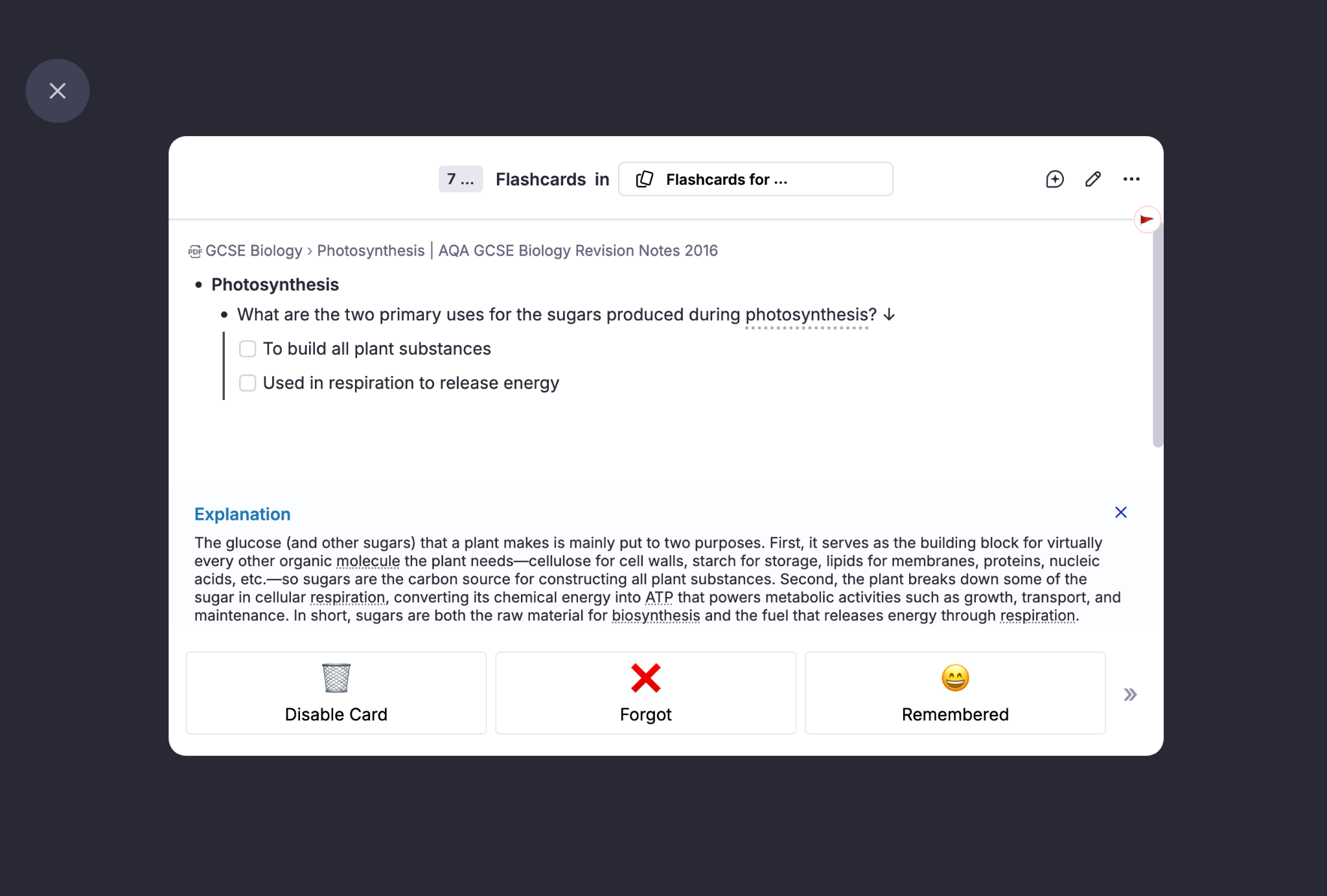 Online GCSE biology flashcard asking the uses of sugars from photosynthesis, with tick boxes, explanation text below, and options Disable Card, Forgot, Remembered