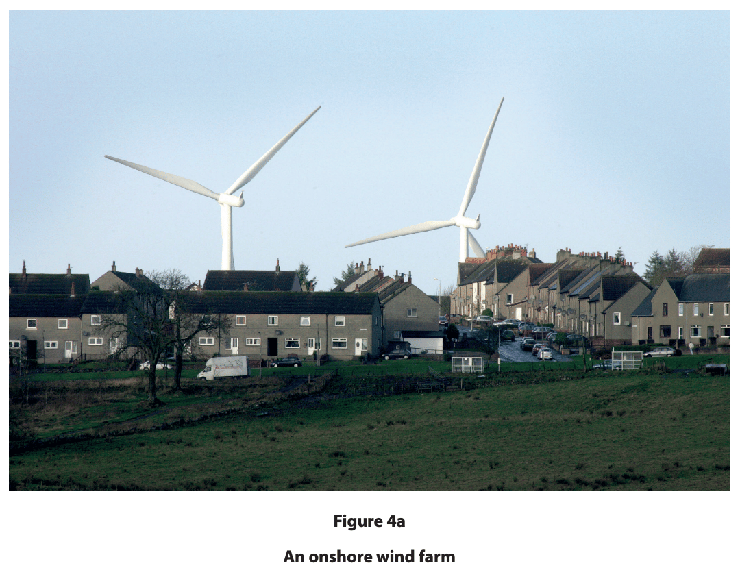 Two large white wind turbines rise behind a row of village houses, overlooking parked cars, trees and grassy fields under a pale sky.