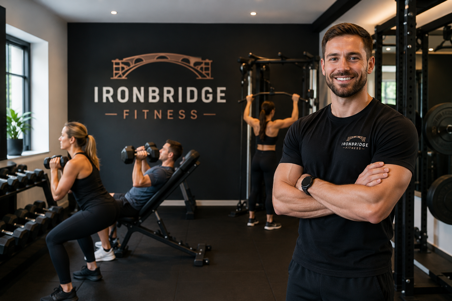 A small gym with an instructor in the foreground and three customer completing a variety of workout activities; the logo 'Ironbridge Fitness' is displayed on the rear wall