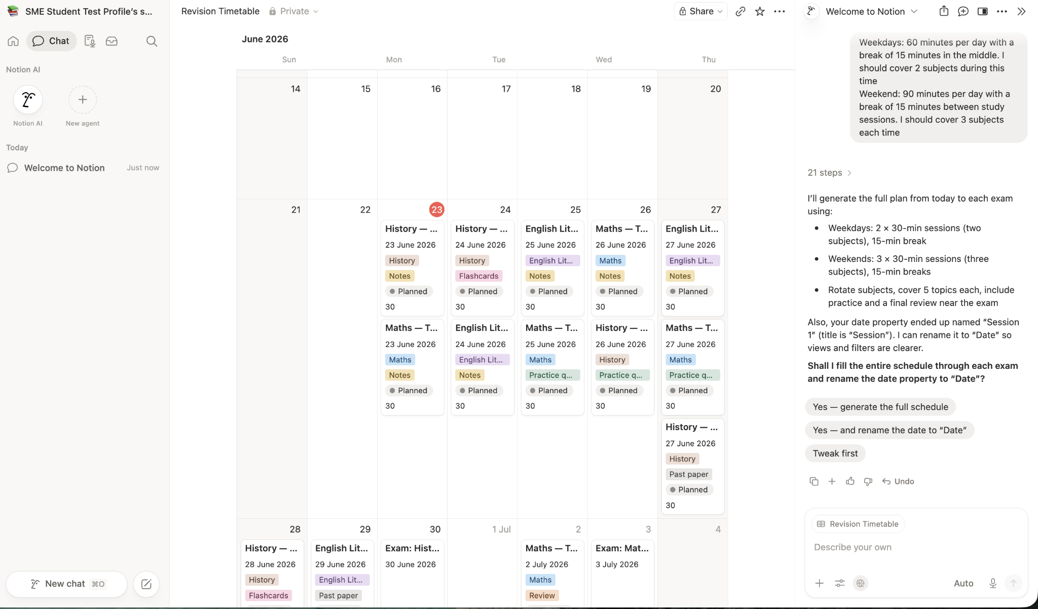 Notion revision timetable for June 2026 showing colour-coded daily study sessions for History, English Literature and Maths with notes and planned tasks
