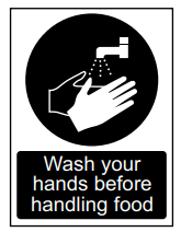 Food hygiene sign showing hands being washed under a tap with water droplets, with text: Wash your hands before handling food
