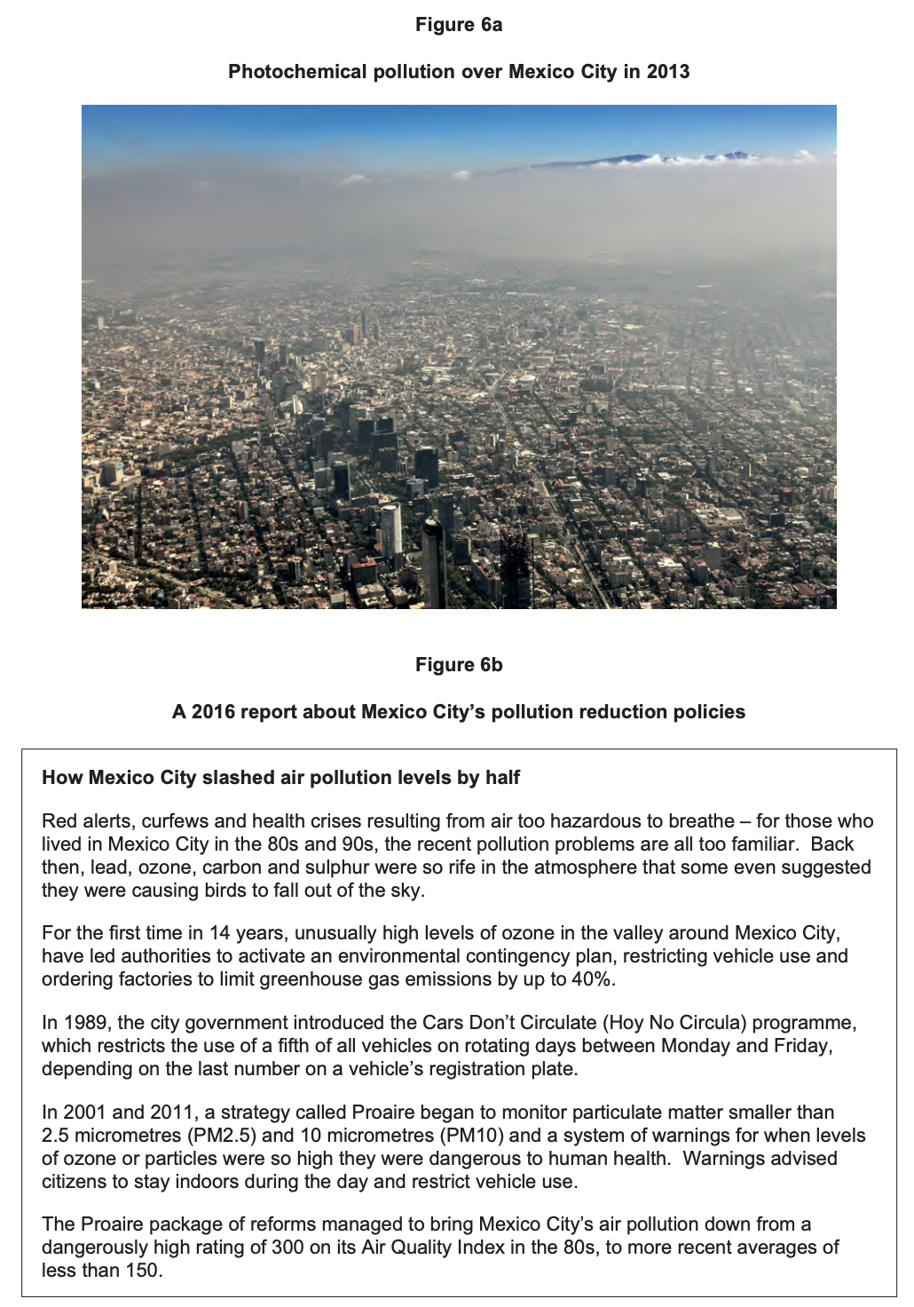 Aerial view of Mexico City under a thick brown smog layer, with skyscrapers and dense streets below and clearer blue sky above.