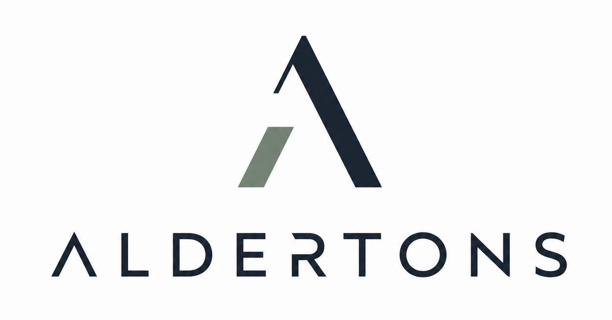 Aldertons logo with a stylised dark blue letter A above the brand name in modern sans serif type on a white background