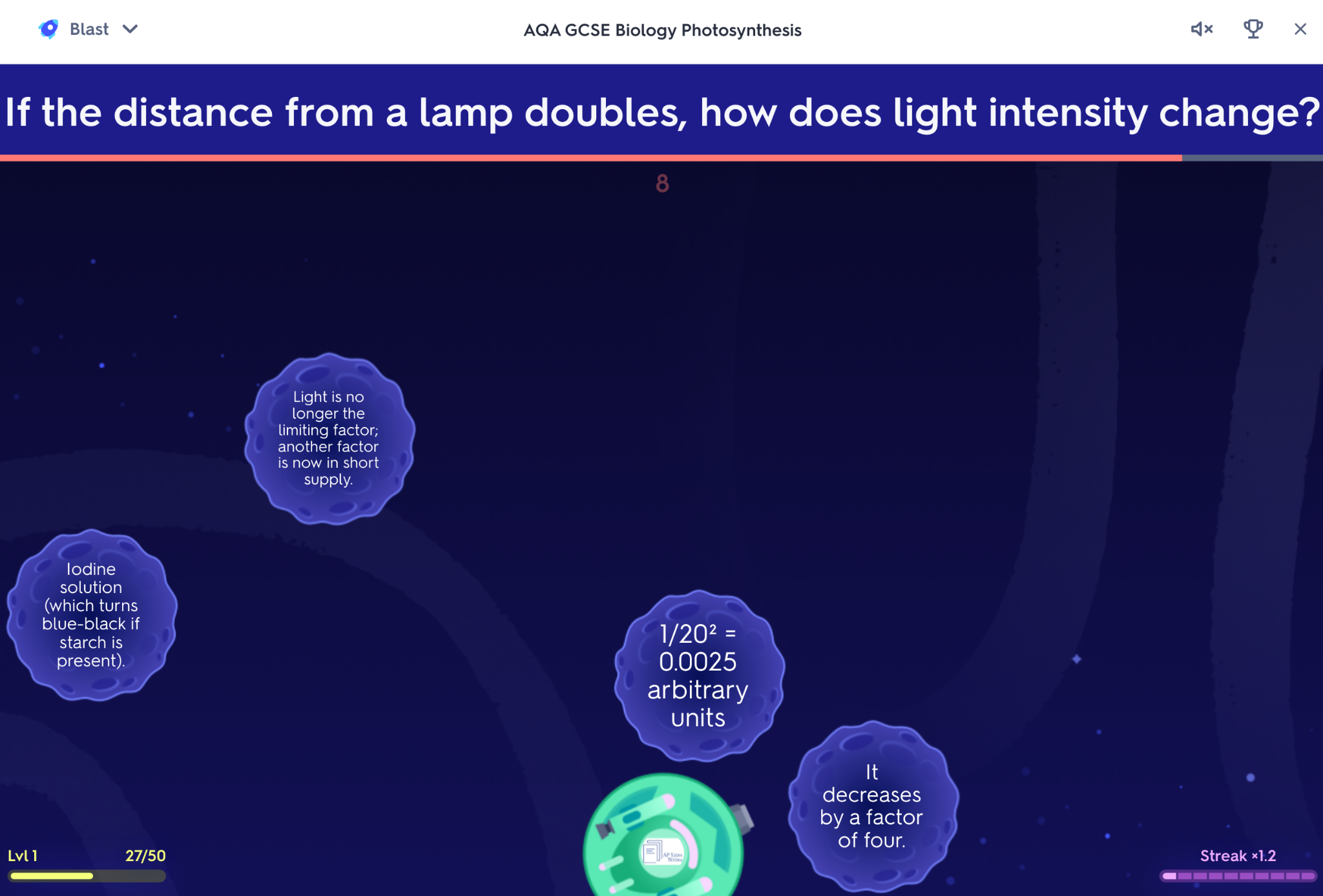 GCSE biology quiz screen asking how light intensity changes when distance from a lamp doubles, with multiple bubble-shaped answer options.