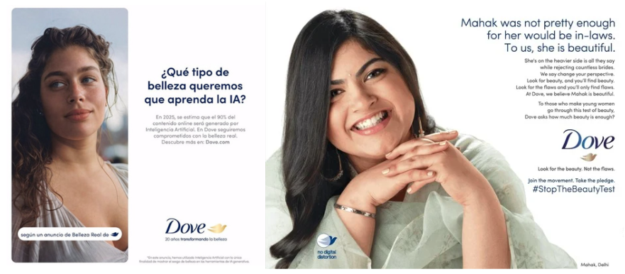 Dove advert with diverse women smiling and text challenging beauty standards, promoting real beauty and the hashtag #StopTheBeautyTest