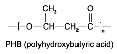 Structural formula of the PHB (polyhydroxybutyric acid) repeat unit: −[O−CH(CH₃)−CH₂−C(=O)]n, showing an ester linkage within a 4-carbon backbone with a methyl side group, with subscript n