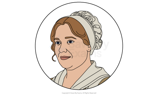 Image of Dolly Winthrop from Silas Marner: she is a friendly-looking woman in historical dress, wearing a white mob cap and shawl, shown from the shoulders up inside a circular frame.