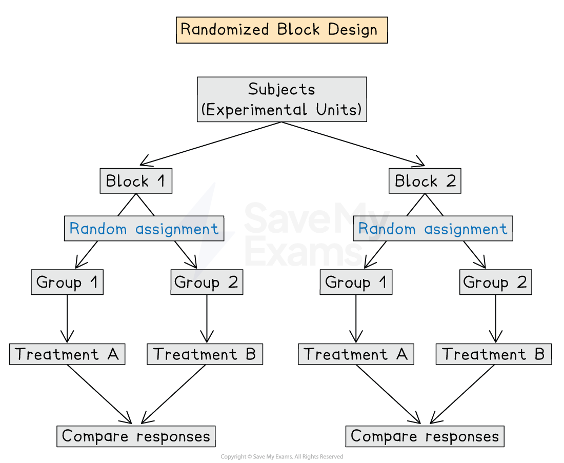 Flowchart of a randomised block design: subjects split into blocks, then randomly into groups receiving Treatment A or B, then responses are compared.