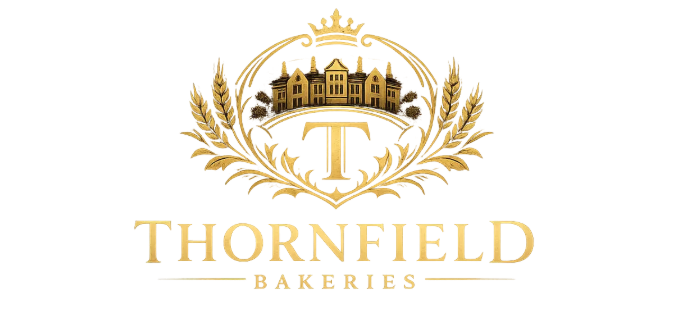 Thornfield Bakeries logo with golden manor house, crown and laurel wreath surrounding a large letter T on a white background