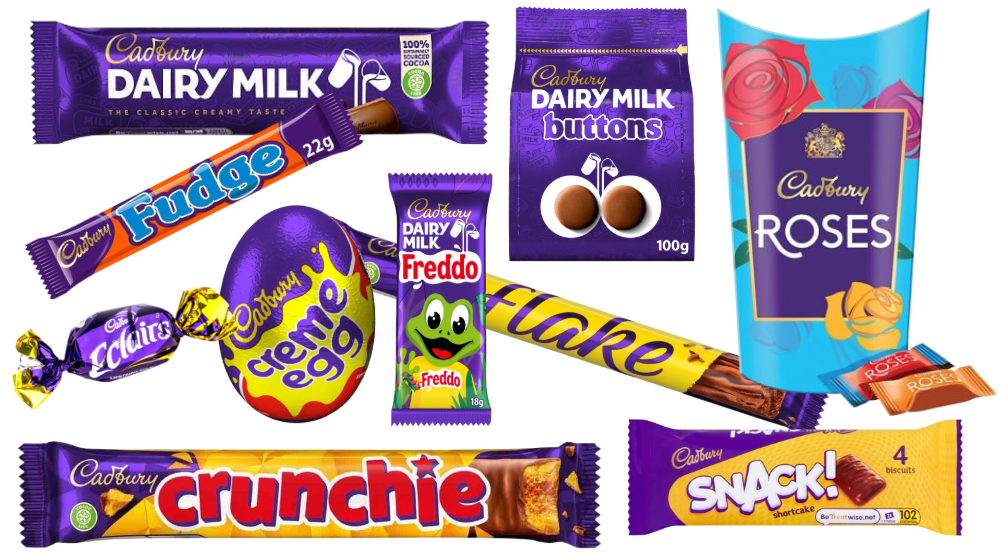 Assorted Cadbury chocolates including Dairy Milk, Fudge, Creme Egg, Eclairs, Freddo, Flake, Crunchie, Snack and Roses.