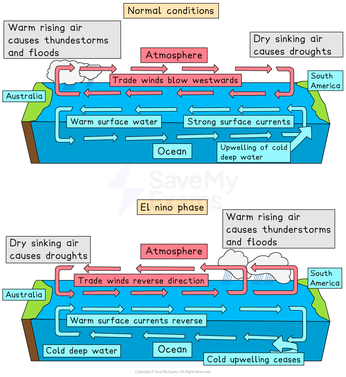 Diagram comparing normal and El Niño Pacific conditions, showing reversed trade winds, ocean currents, upwelling changes and shifting rain or drought between Australia and South America